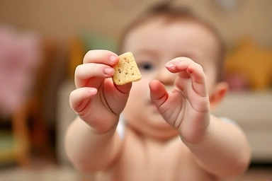 Baby's hands reaching for rice cracker